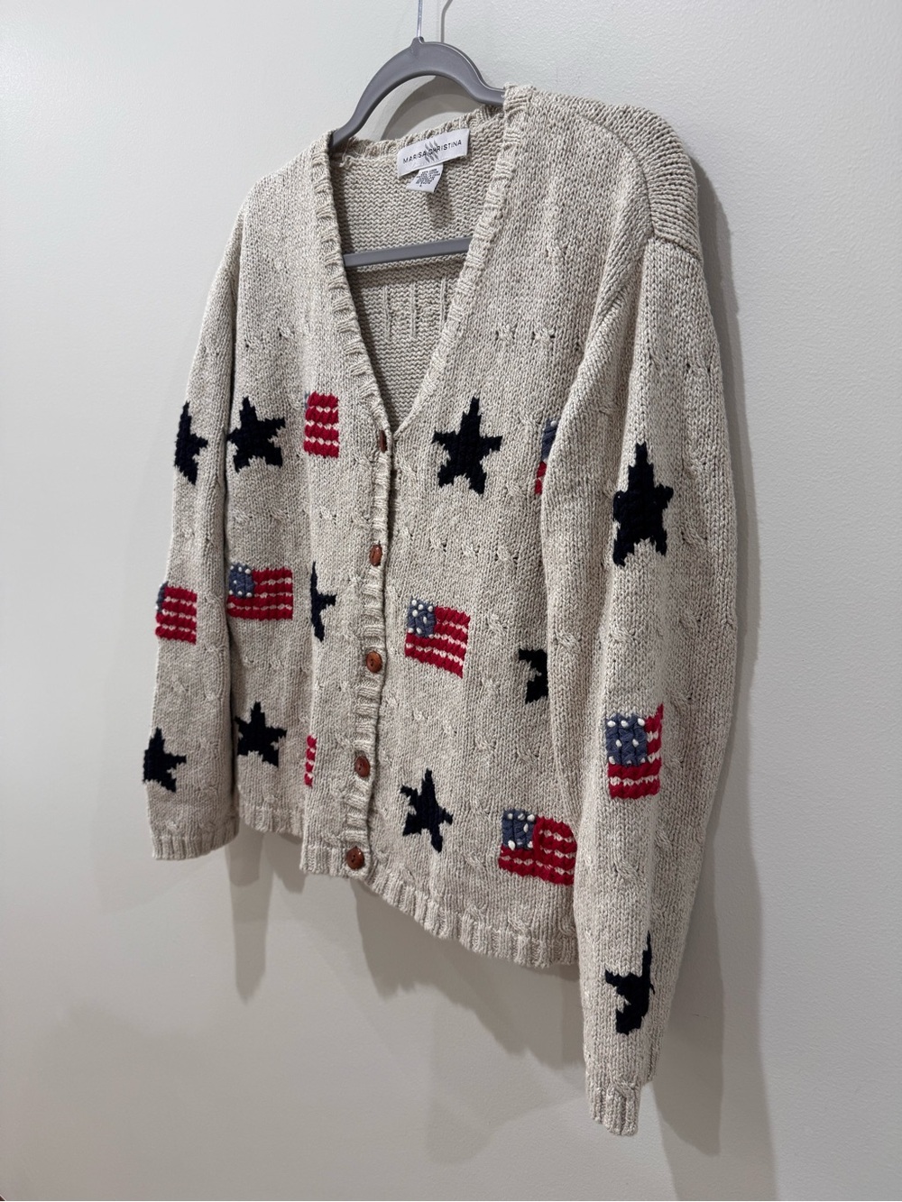 Vtg Sz L American Flag USA Patriotic Marisa Christina Linen Cotton Cardigan - Picture 2 of 4